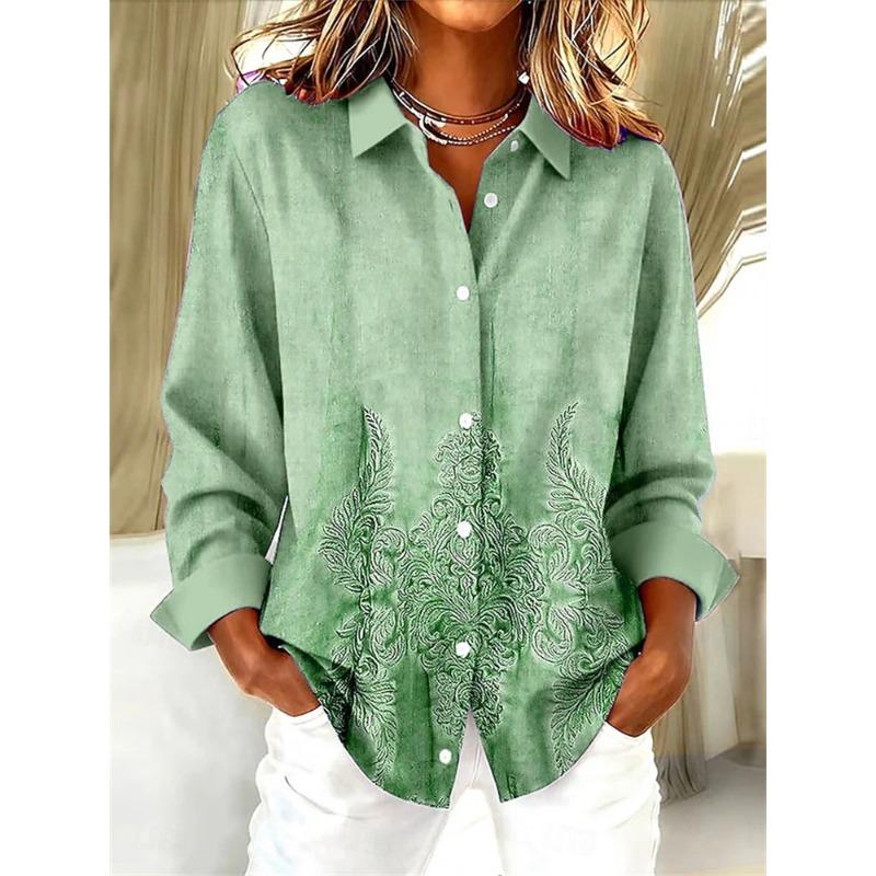 Retro Women's Oversized Shirt 3D Floral Print Minimalist Vintage-Style Casual Long-Sleeve Shirt Comfortable Collared Top