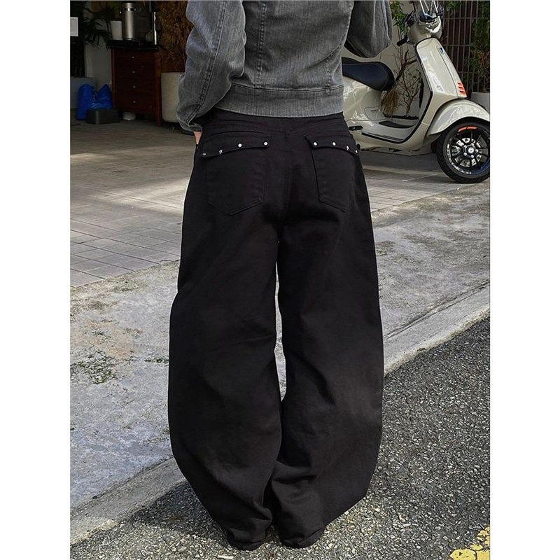 

Plus Size Black Rhinestone Pocket Wide-Leg Jeans for Women - Y2K Style S
