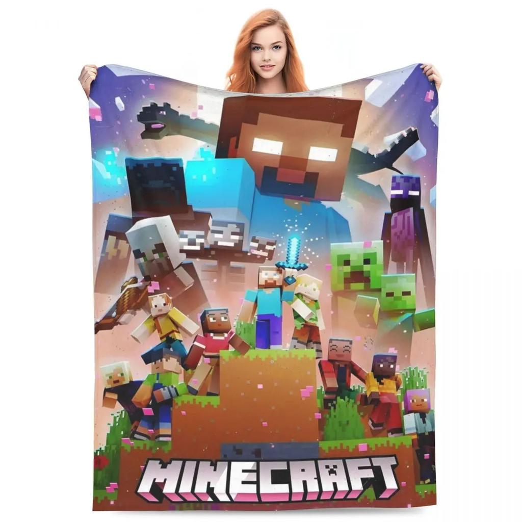 Cartoon Mines Pixel Game Crafts Flannel Blanket Super Warm Throw Blanket for Home Decor Decorative Street Trend Bedspread