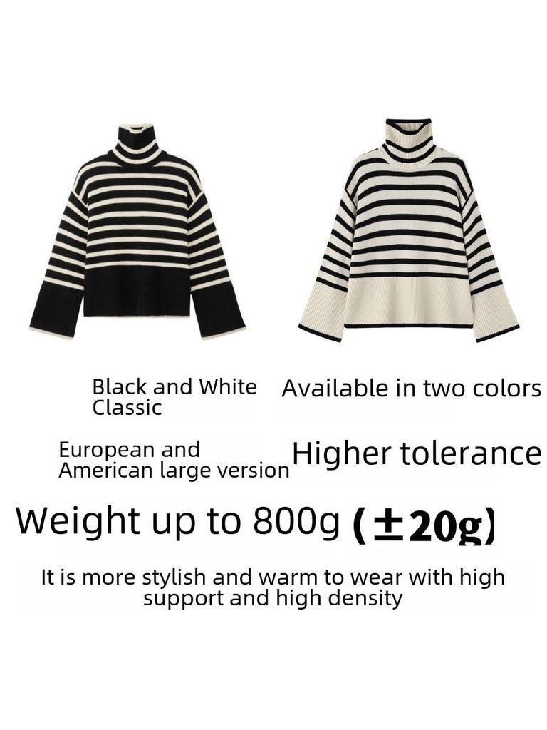 Women's Black & White Striped Turtleneck Sweater – Loose, Warm, Slit Pullover for Spring & Autumn, Trendy Inner Wear.