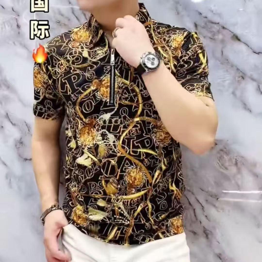 

2025 Лето Новая Мужская Повседневная Модная Рубашка с Коротким Рукавом и Принтом, Высокой Эластичности, Не Требующая Глажки, Мужская Рубашка с Коротким Рукавом на Молнии 4XL чёрный