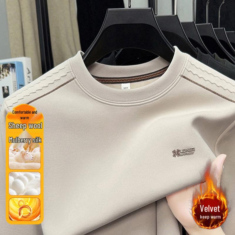 

Men s Winter Long-Sleeve Velvet Hoodie Casual Warm Round Neck Shirt Quadruple XL бежевий