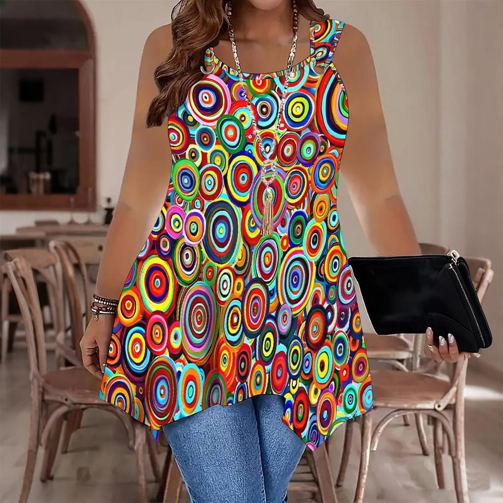 Modische Lässige Sport-Doppelring-Weste für Damen, Große Tank-Weste mit Vintage-Musterdruck, Unregelmäßiger Saum, Elegant und Schlicht