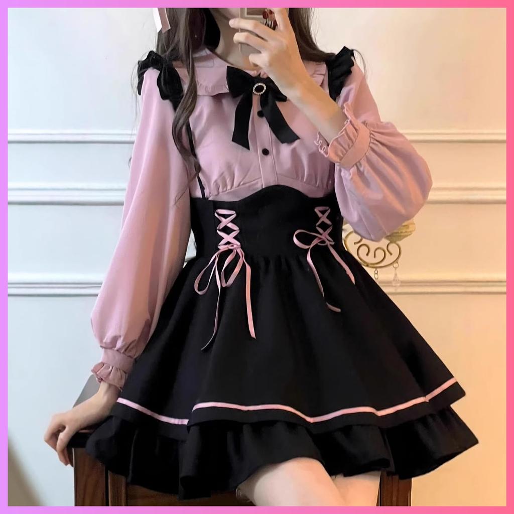Landmine Style Outfit Ribbon Battle Girly Style Blouse and Set Size Long [Rowaica] Women's Set, Overalls, Mass-Produced Outfit, Skirt, 2-Piece (JP,