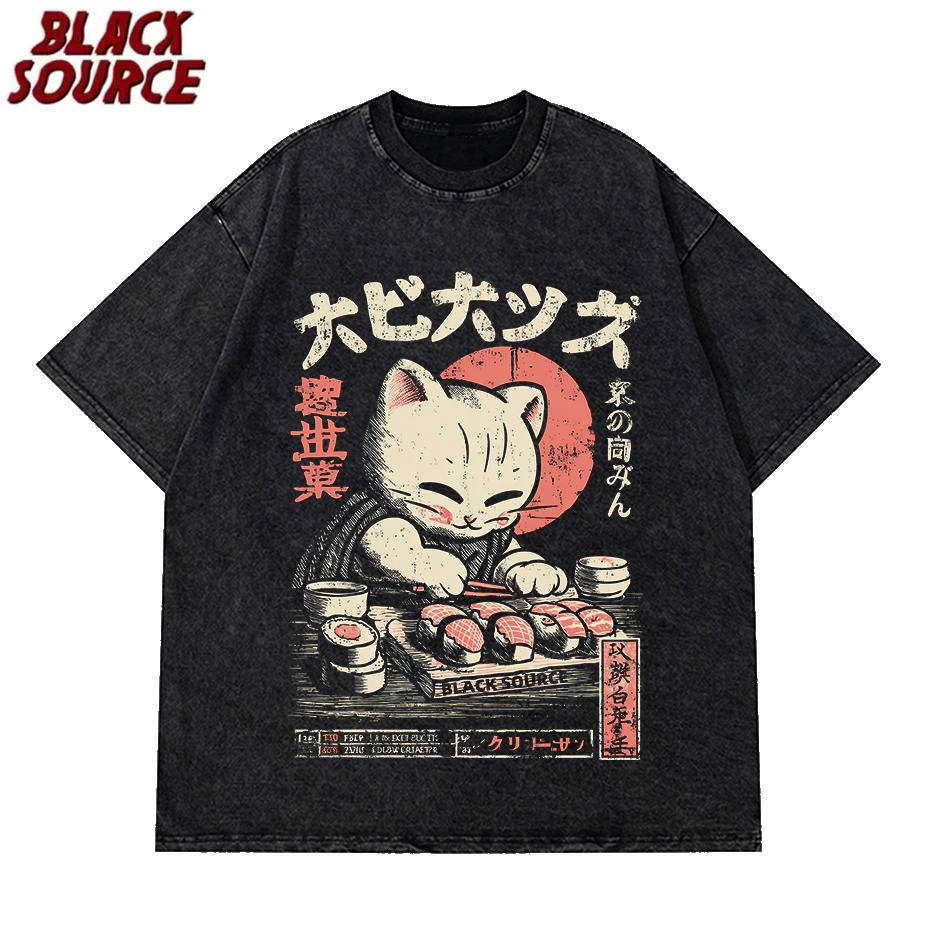 

T Japan Sushi Chef Cat Cartoons Men Tshirt Oversized Loose Clothes Street Cotton T Shirts Fashion TShirts Casual S