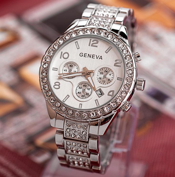 Geneva Diamond-Studded Steel Band Women's Fashion Watch - Elegant Three-Eye Design