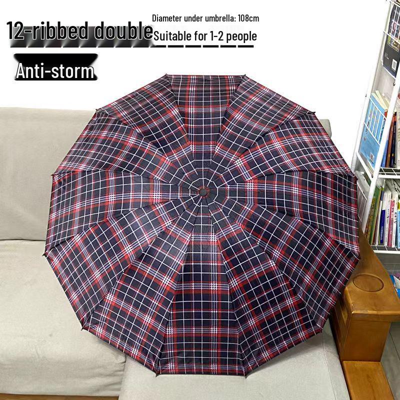 Extra Large Ten-Bone Water-Repellent Plaid Umbrella - British Style for Men & Women, Double/Triple Use