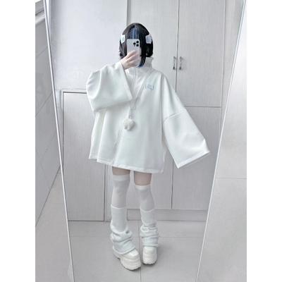 Spring Japanese Casual Solid Hoodies Women Loose Y2k Aesthetic Oversized Embroidery Coats Harajuku Zipper Sweatshirts