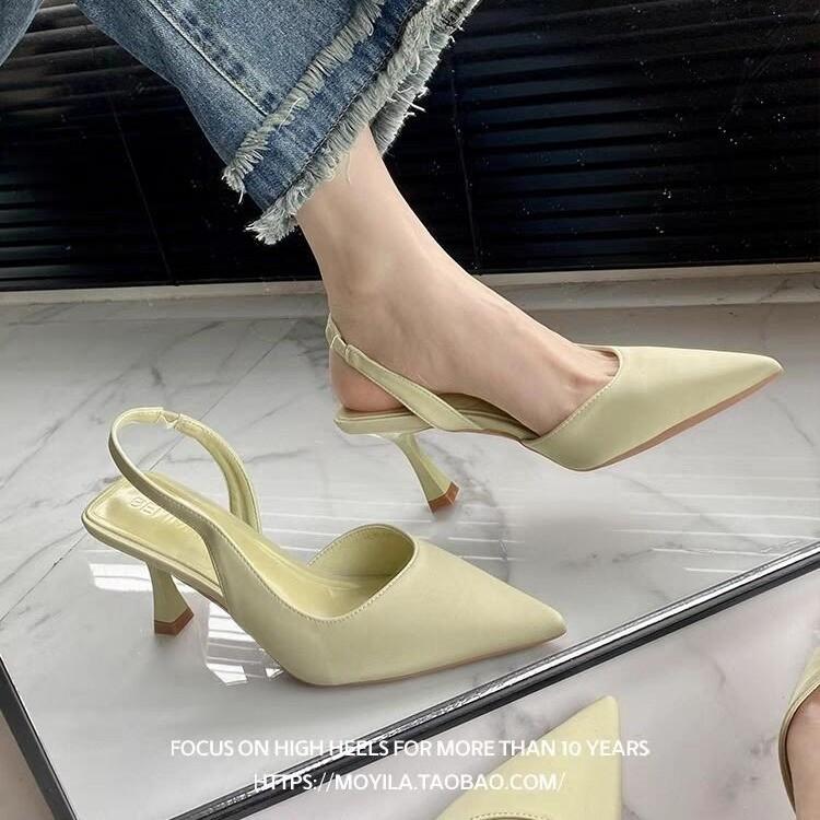 Women's Sandals Fashionable Pointed Toe Shallow Mouth Slip-on Dress Mule Shoes Stiletto Heel Slingback Sandals White Heels