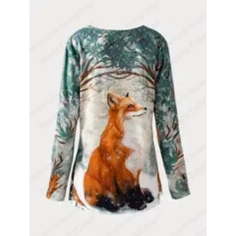 Dyr Tiger 3D-trykk Langermet T-skjorte Dame Mote Rund hals Løse Tunika Topper Dame Høstklær Femme Topper Y2k Stil