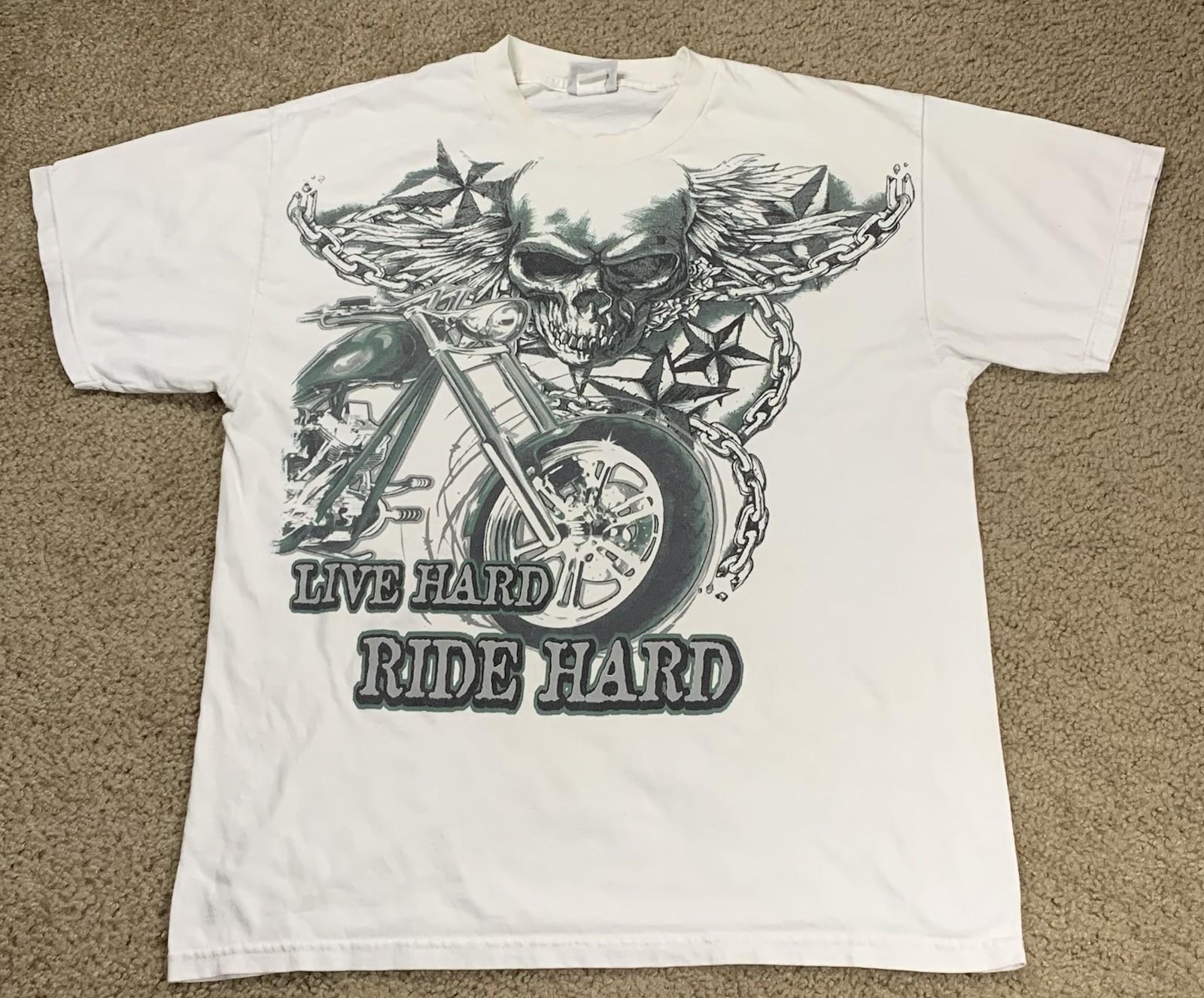 Vintage Y2K Adult Large White Biker T Shirt Motorcycle Skull Wings Skater Grunge XXXL