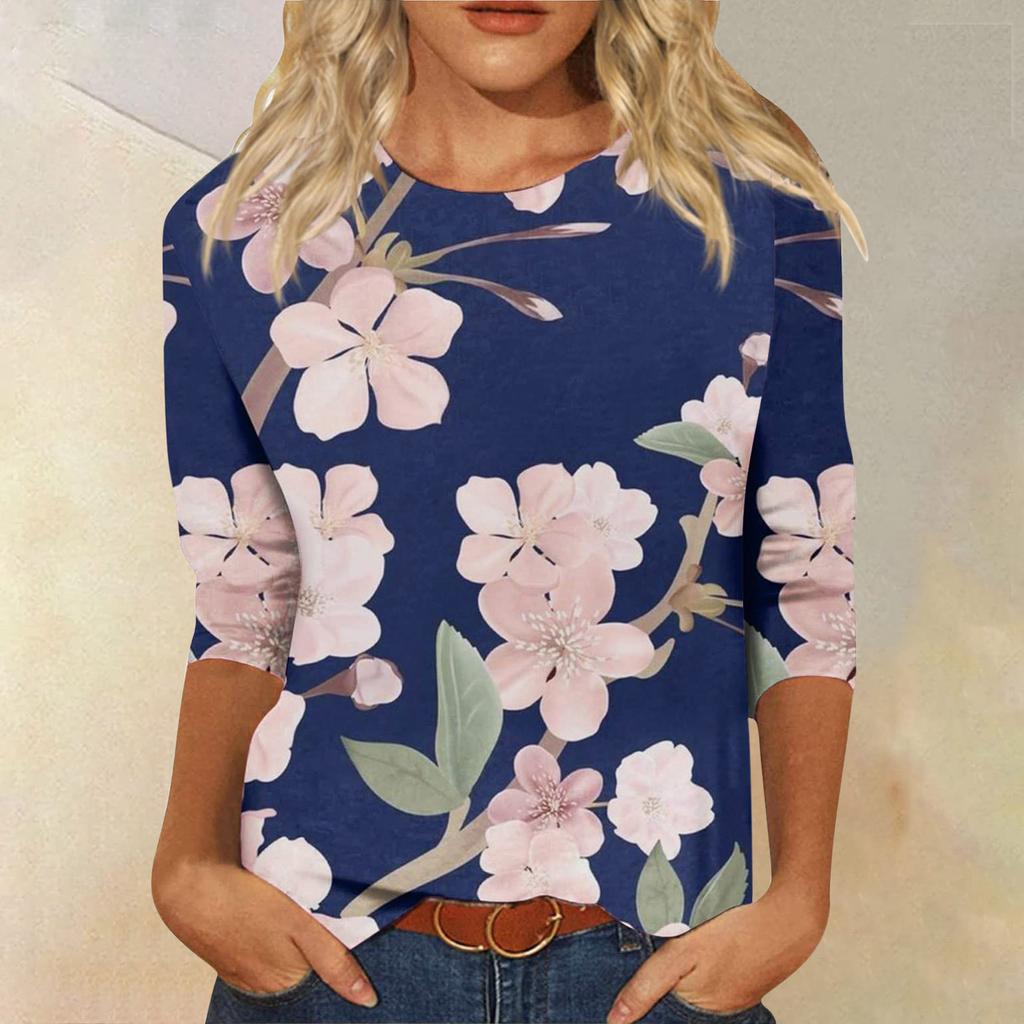 Vår och Höst Rundhals Blommönster 3D Kreativ Personlig Färgglad Tryckt Topp Trendig Casual Långärmad Dam T-shirts