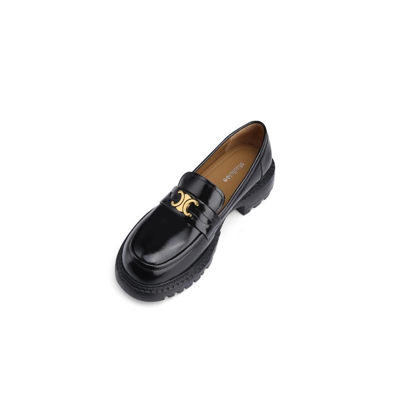 Small leather shoes for women, small gold buckle round head, one pedal, platform loafer single shoes for women