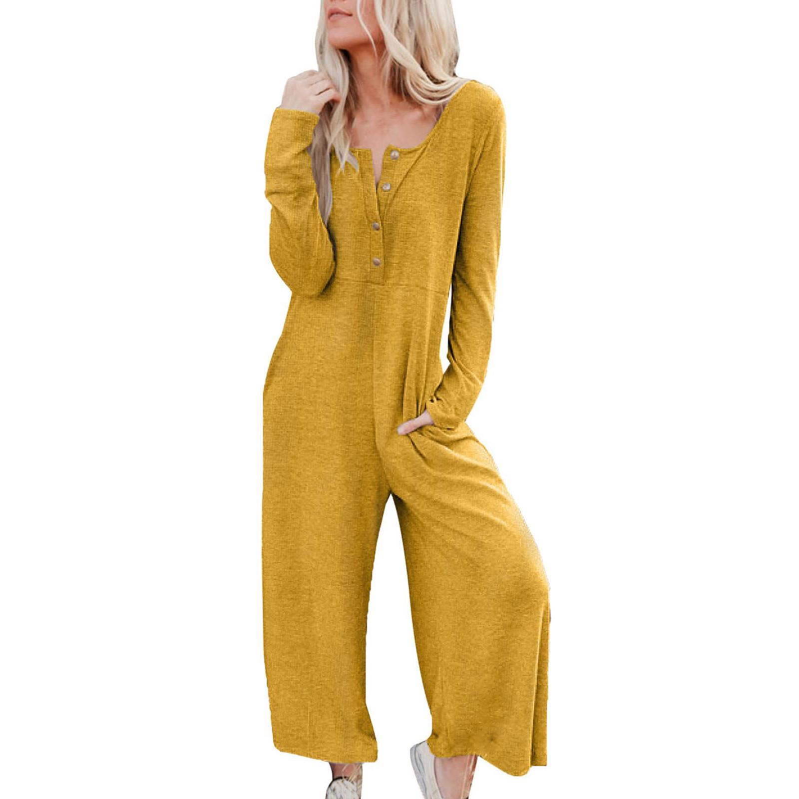 Women s Fashion Loose Casual Long Sleeve Button Pocket Colour Wide Leg Jumpsuit XL