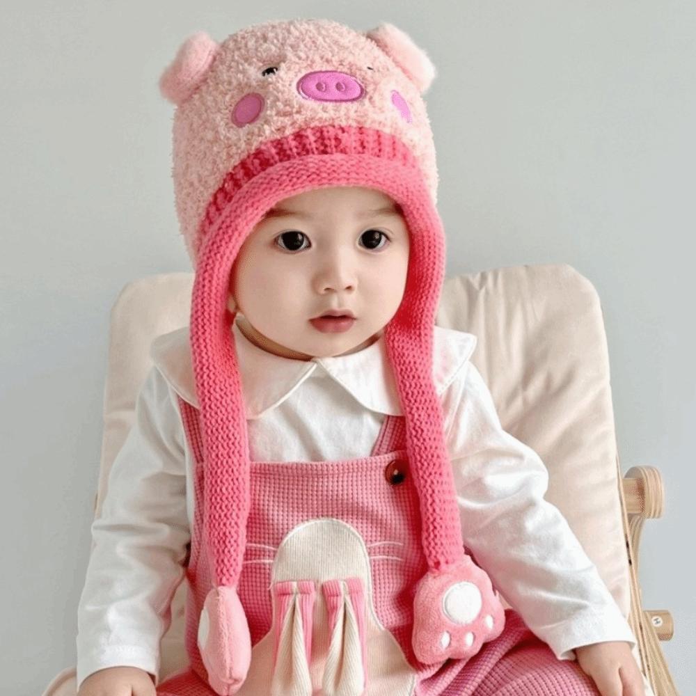 Pig Knitted Hat Bear Ear Protection Hat Cute Baby Plush Hat  Boy