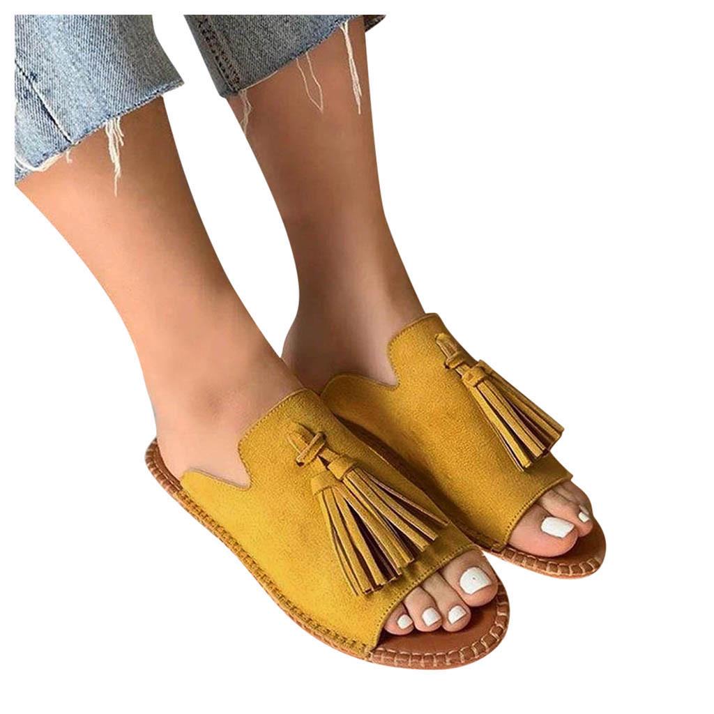 Women's Ladies Fashion Casual Flat Fringe Shoes Slippers Peep Toe Sandals