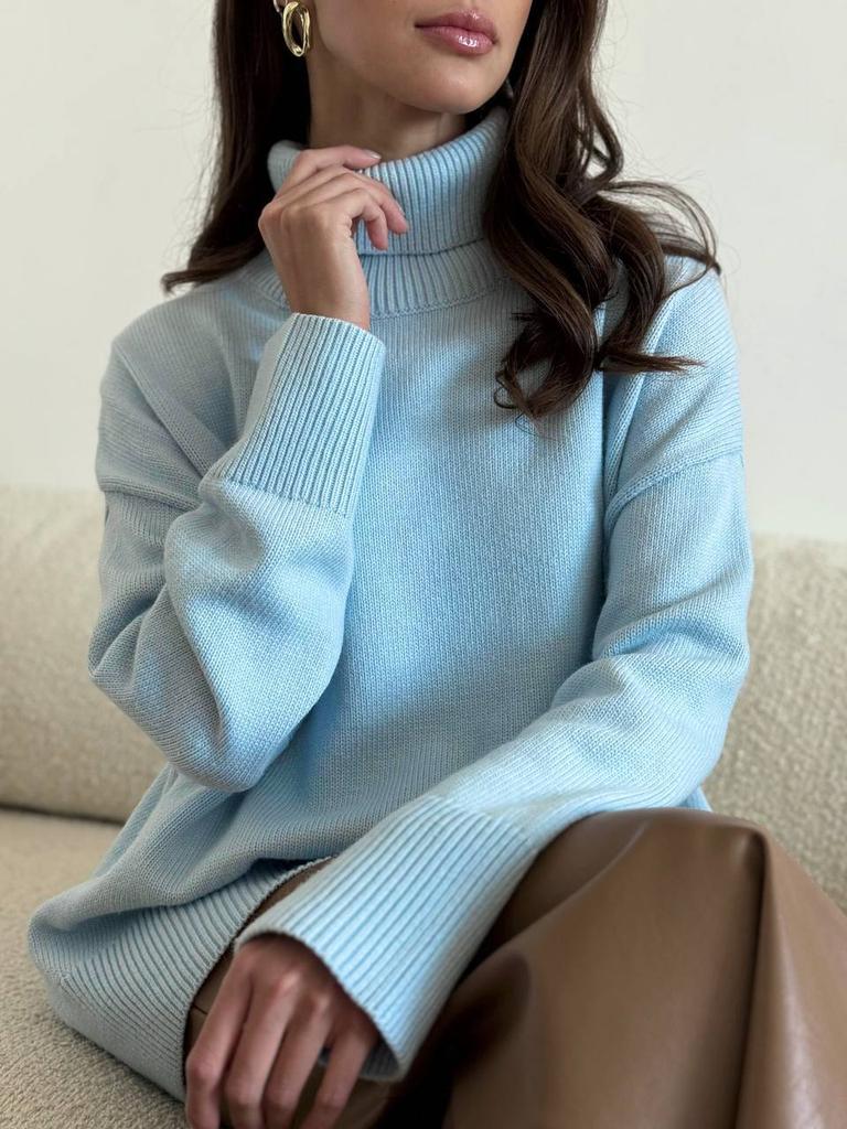Russia Hot Sale Solid Color Women's Knitted Pullover Turtleneck Loose 066