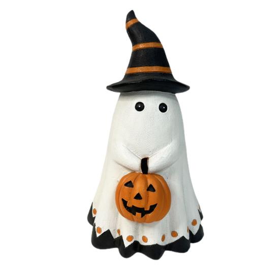 Halloween Ghost Statue Small White Ghost with Pumpkin Figurine Cute Ghost Resin Tabletop Ornament for Indoor Outdoor Halloween Decor