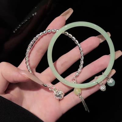 Retro Wind Clear Water Green Imitation Chalcedony Open Bracelet Jingle Bracelet Female Bell Sweet Ins Advanced Tassel Bracelet