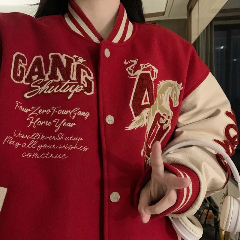 Women's Year of the Horse Embroidered Red Baseball Jacket Coat, 2026 Trendy Couple Design