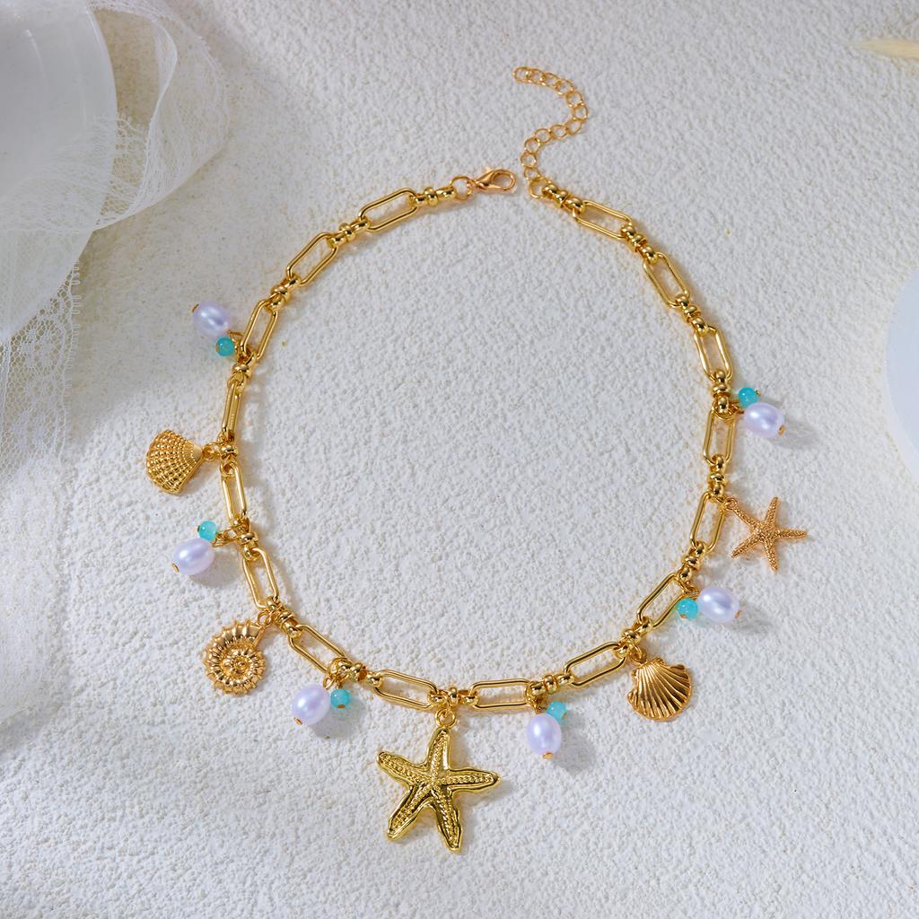 Summer Beach Style Layered Necklace For Women Blue Beaded Ceramic Fish Crab Starfish Shell Pearl Pendant Choker Vacation Jewelry