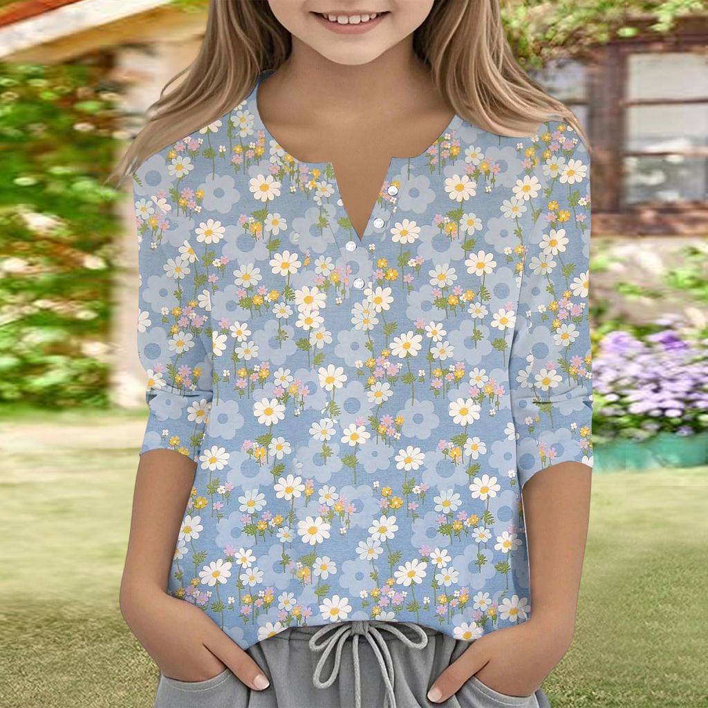 Print Tops For Youth Girls V Neck Button 3/4 Sleeves T-Shirts Trendy Tops Outfit Tees