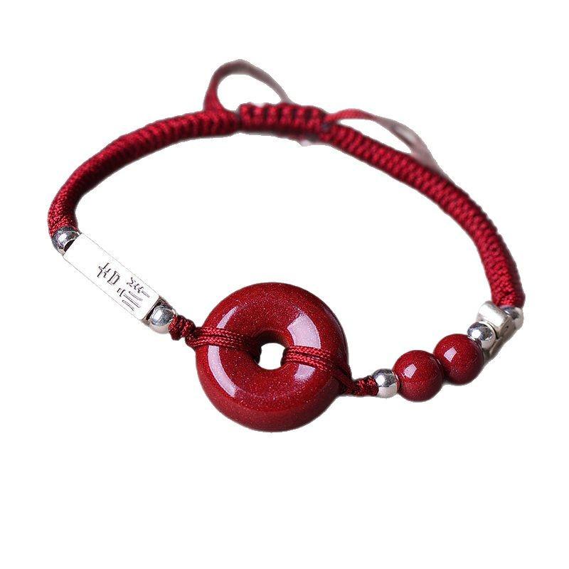 Cinnabar Peace Buckle Red Rope Bracelet for Men and Women, Zodiac Silver Braided Cinnabar Bracelet, Couple's Bracelet with Beads