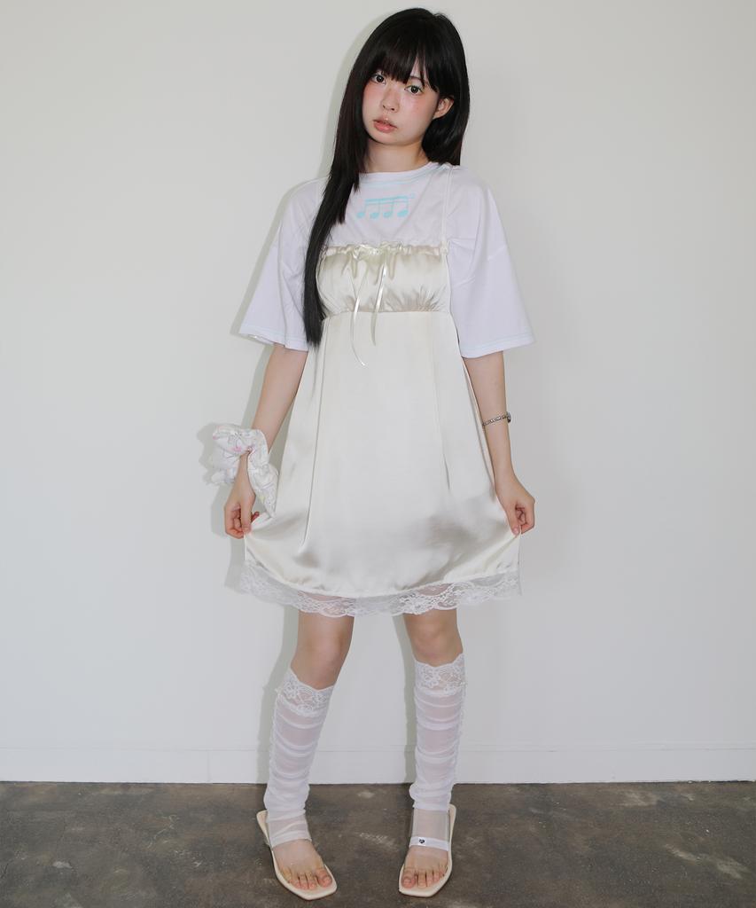NOFFICIALNOFFICE Satin Ribbon Lace Slip Dress Vanilla