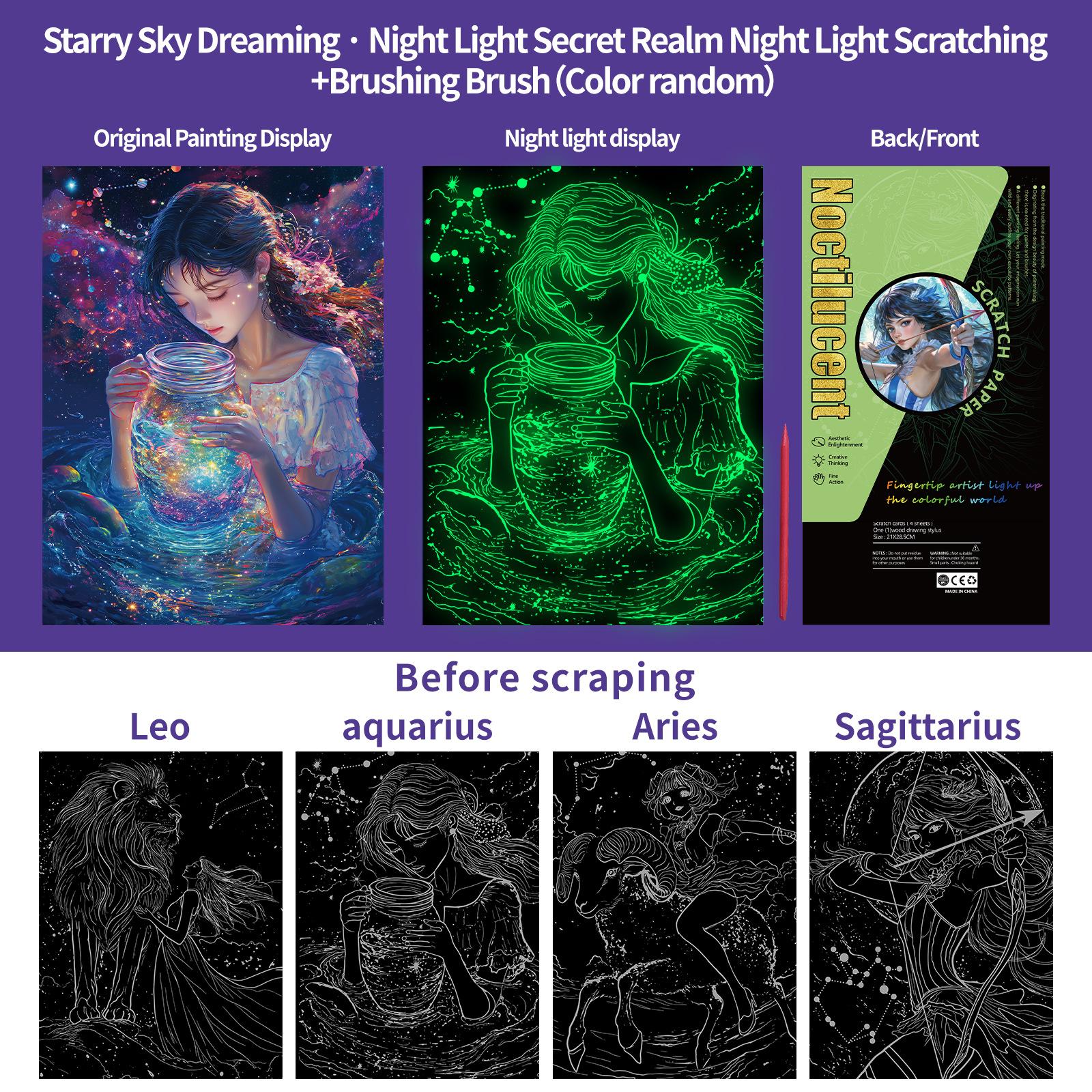 

4 Pcs/Set A4 Diy Scratch Painting Noctilucent Constellation Starry Sky Secret Mirror Manual Scratch Painting Artistic Work Set 33.5x22.4 cm