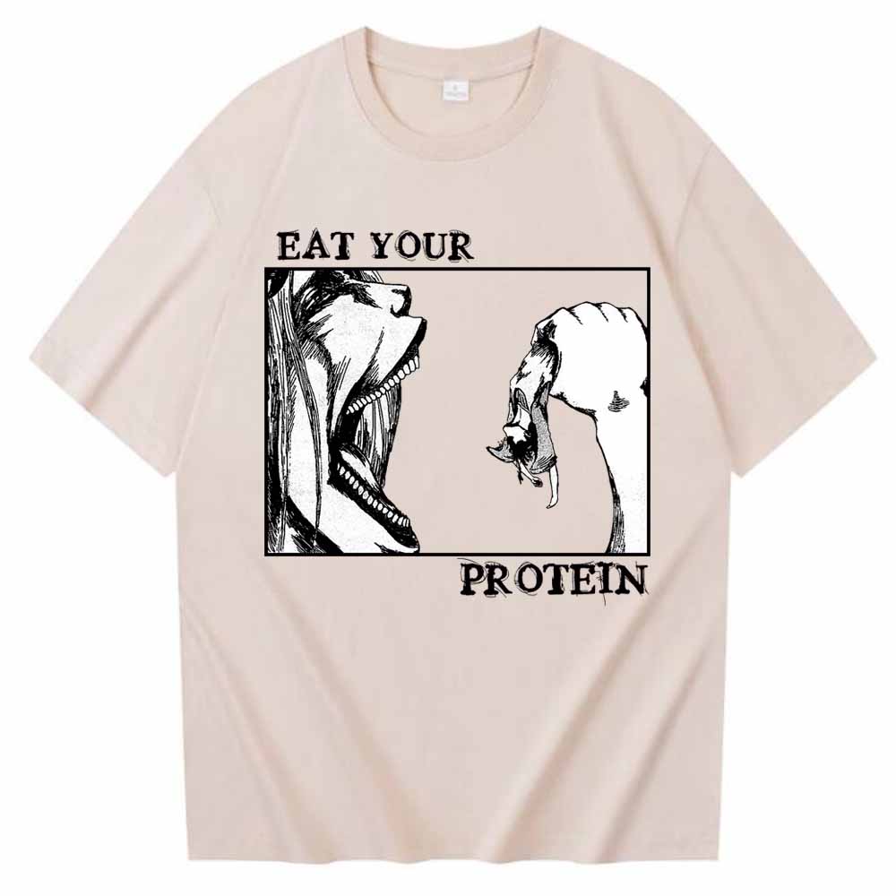 Attack On Titan TShirts Eat Your Protein Shirt Unisex Unisex Summer Casual ONeck Short Sleeve Shirts