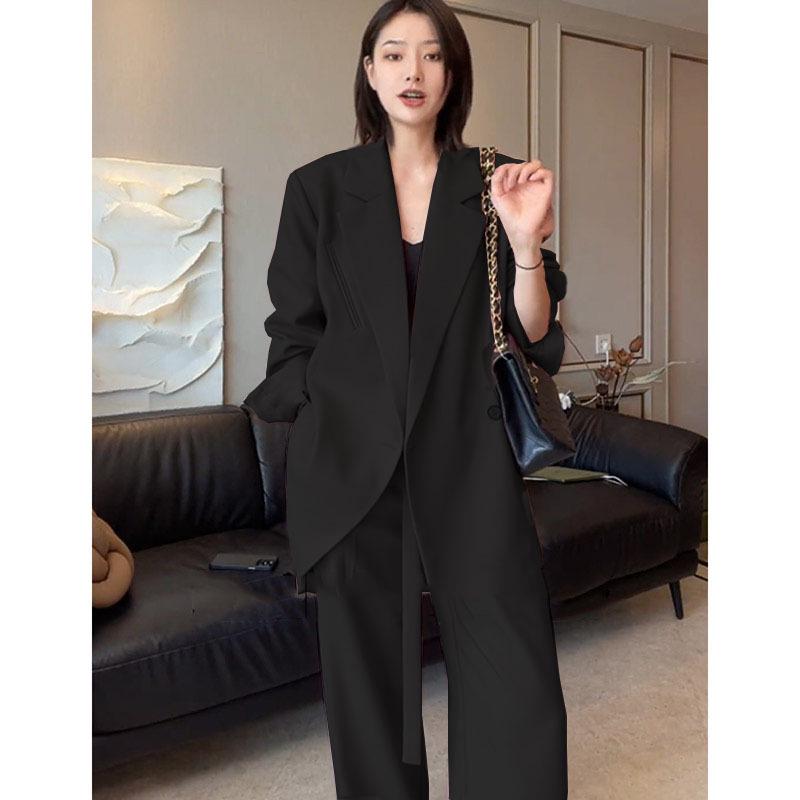 

Plus Size Women s Spring Korean-Style Suit: Mid-Length Blazer & Wide-Leg Pants Two-Piece Set. L чёрный
