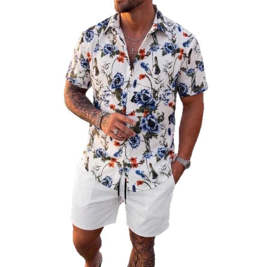 Comparison of Summer Plant Print and Tropical Broad-leaved Green Loose Quick Drying Short Sleeved Shirt for Men's Shirt Set