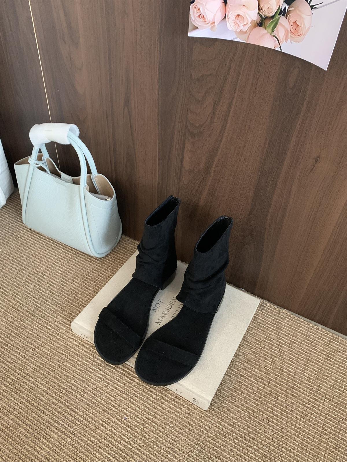 

Coarse heel suede piled boots breathable cool boots women s shoes 2025 summer hollow vacation with skirt khaki short boots 35