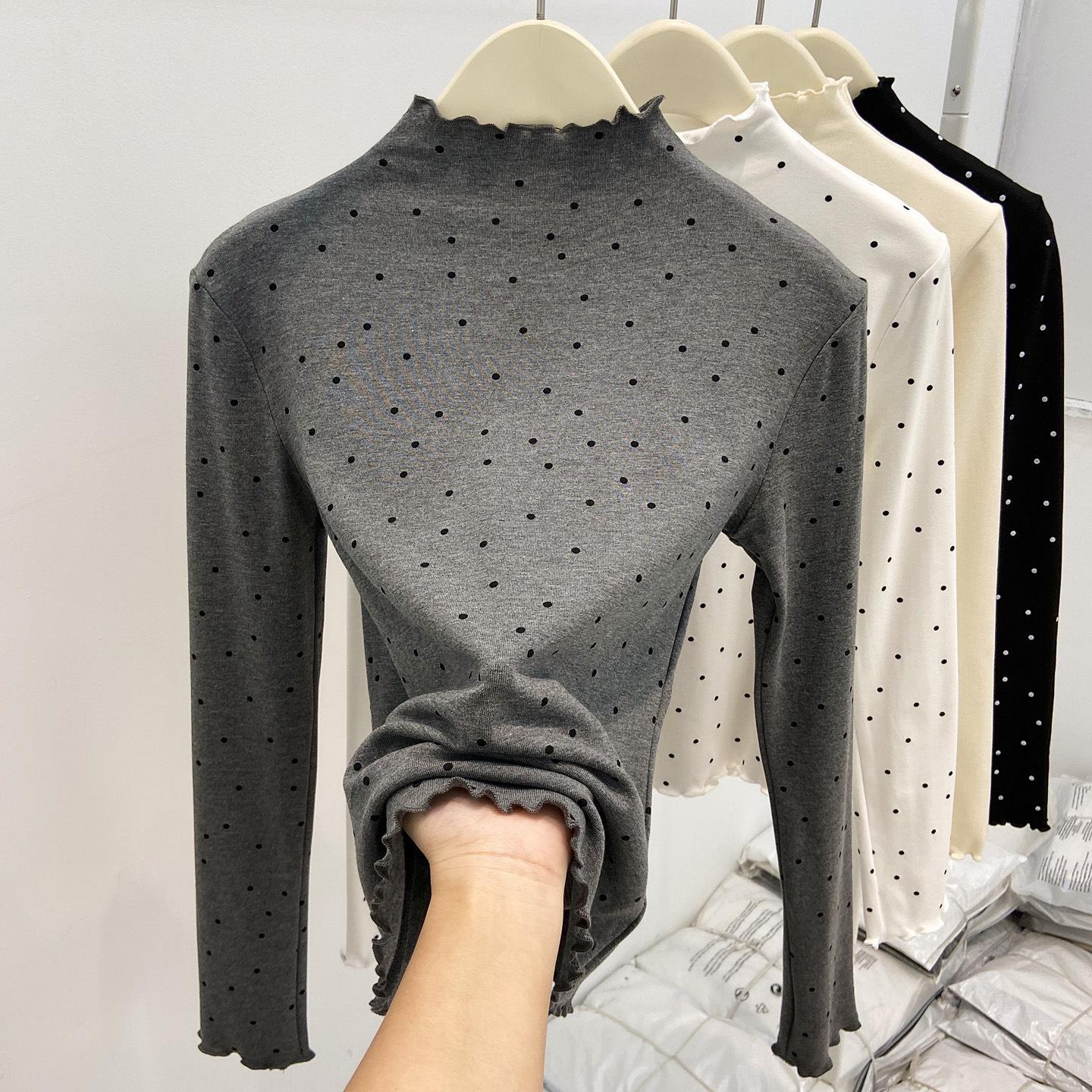 Miu Style Polka Dot Ruffle T-Shirt: Women s Slim-Fit Long Sleeve, Half-High Collar for Autumn/Winter Large
