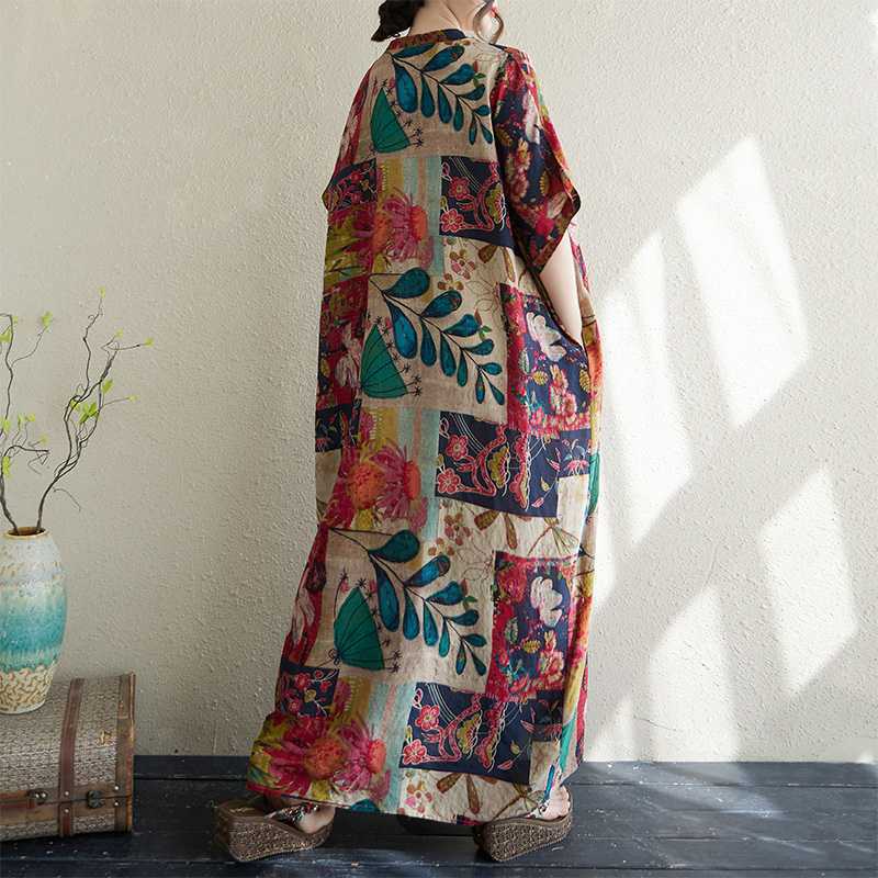 Women's Thin Cotton and Linen Loose Artistic Beach Skirt Retro Long Robe