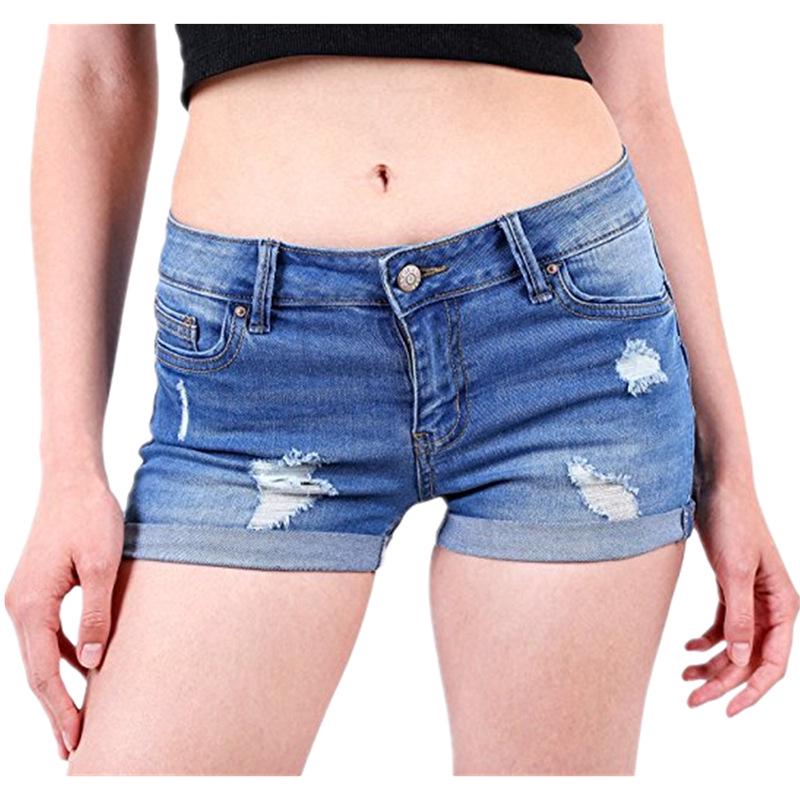 Trendy Ripped Rolled-Hem High-Waist Elastic Denim Shorts