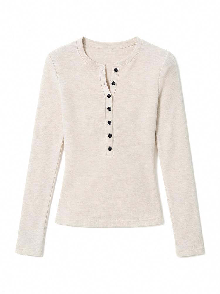 Women's Slim-Fit Long-Sleeve Henley Top: Waist-Cinching Base Layer for Autumn/Winter 2026