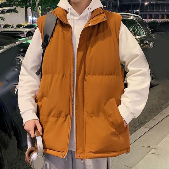 Men Cotton Waistcoat Stand Collar Sleeveless Pockets Quilted Vest Coat Solid Color