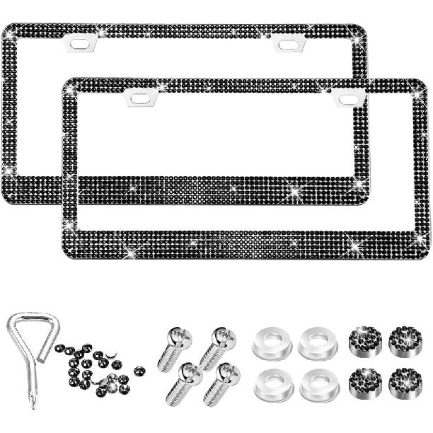 2PCS Bling Car License Plate Frame, Stainless Steel Rhinestone Vehicle License Plate Cover with Screws Caps, Sparkly Automotive Decoration