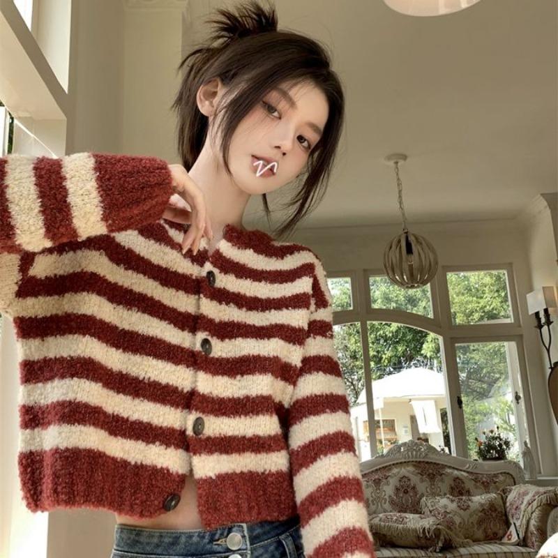Strikket cardigan genser kvinner liten o-hals genser allsidig 2023 våren langermet late stripe genser cardigan kvinne topp