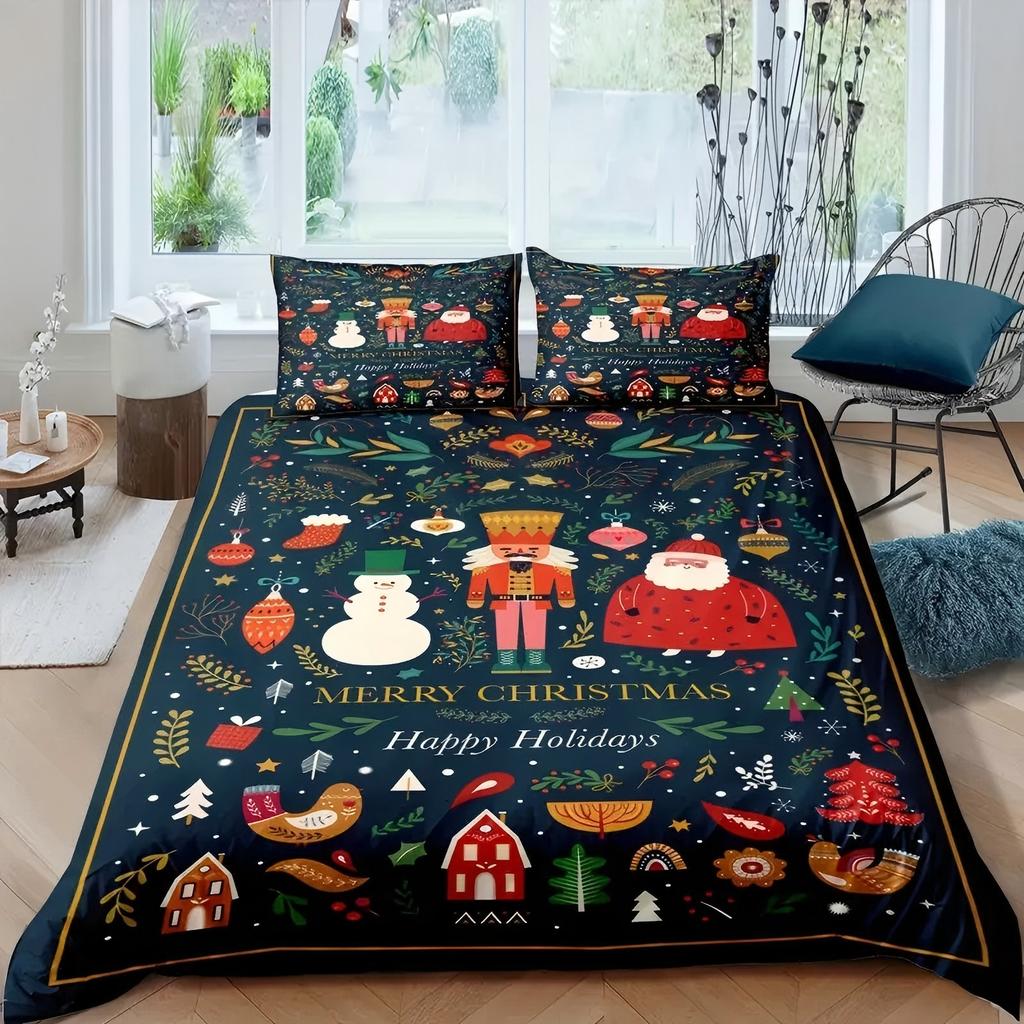 Snowman Santa Claus Christmas Tree 3D Printed Duvet Cover Christmas Style Bedding Set Soft Comfortable Quilt Cover Pillowcases