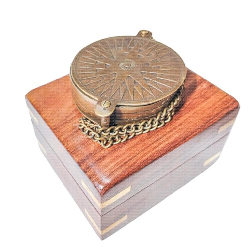Antique Brass Pocket Compass Sliding with Wood Box, Anniversary Gifts For Men, Birthday Gift For Dad, Groomsmen Gift, Christmas Decor