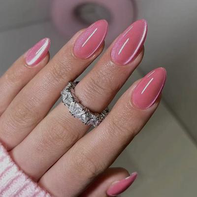 Jednobarevná růžově červená měnící barvu kočičí oko nositelný nail art kousek nálepka na nehty krátké mandlové nehty evropský a americký kousek na nehty 30 kusů
