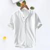 Stand Collar Short Sleeve Men Shirt Buttons Half Placket Anti-pilling Summer Casual Solid Color Thin Shirt Daily Garment