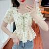 Fashionable and Versatile Bubble Sleeve Ladies' Tops Summer Shredded Ties Slim and Thin Ruffled Edge Shirts