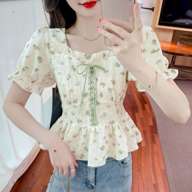 Fashionable and Versatile Bubble Sleeve Ladies' Tops Summer Shredded Ties Slim and Thin Ruffled Edge Shirts
