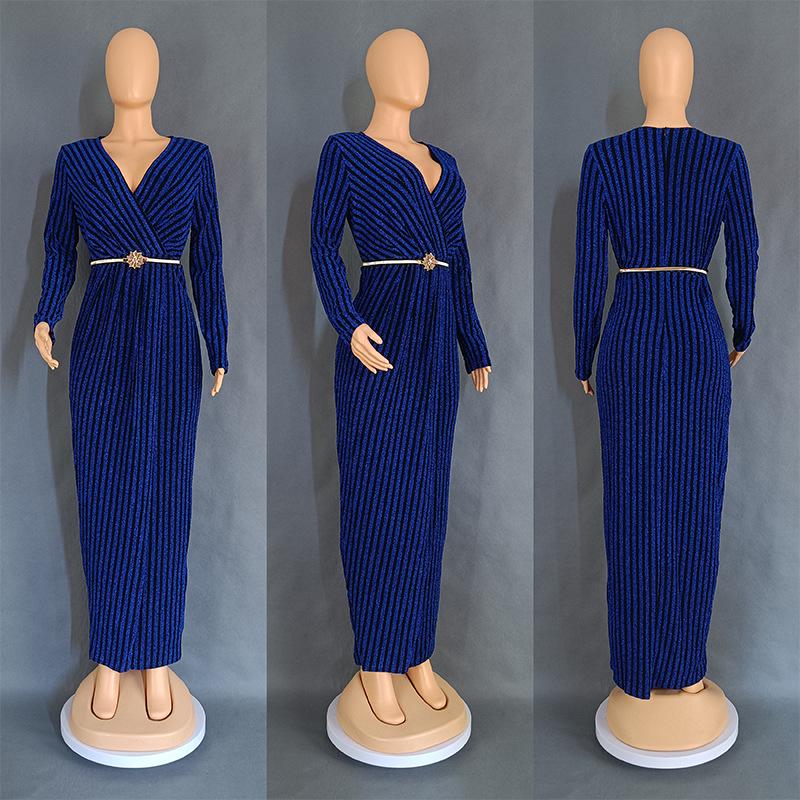 

African Women s Gold & Silver Striped Evening Dress - Sexy, Elegant, Hip-Wrapping Banquet Gown M синій