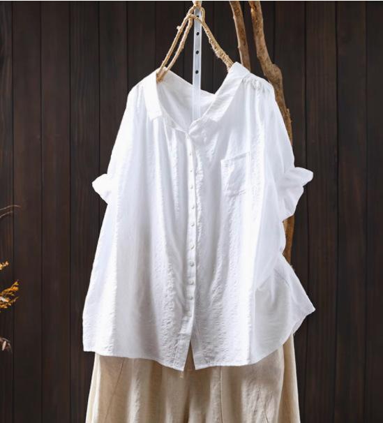 Johnature Women Vintage Shirts Tops Patchwork Pockets Solid Color Turn-down Collar Half Sleeve Thin Summer Shirt