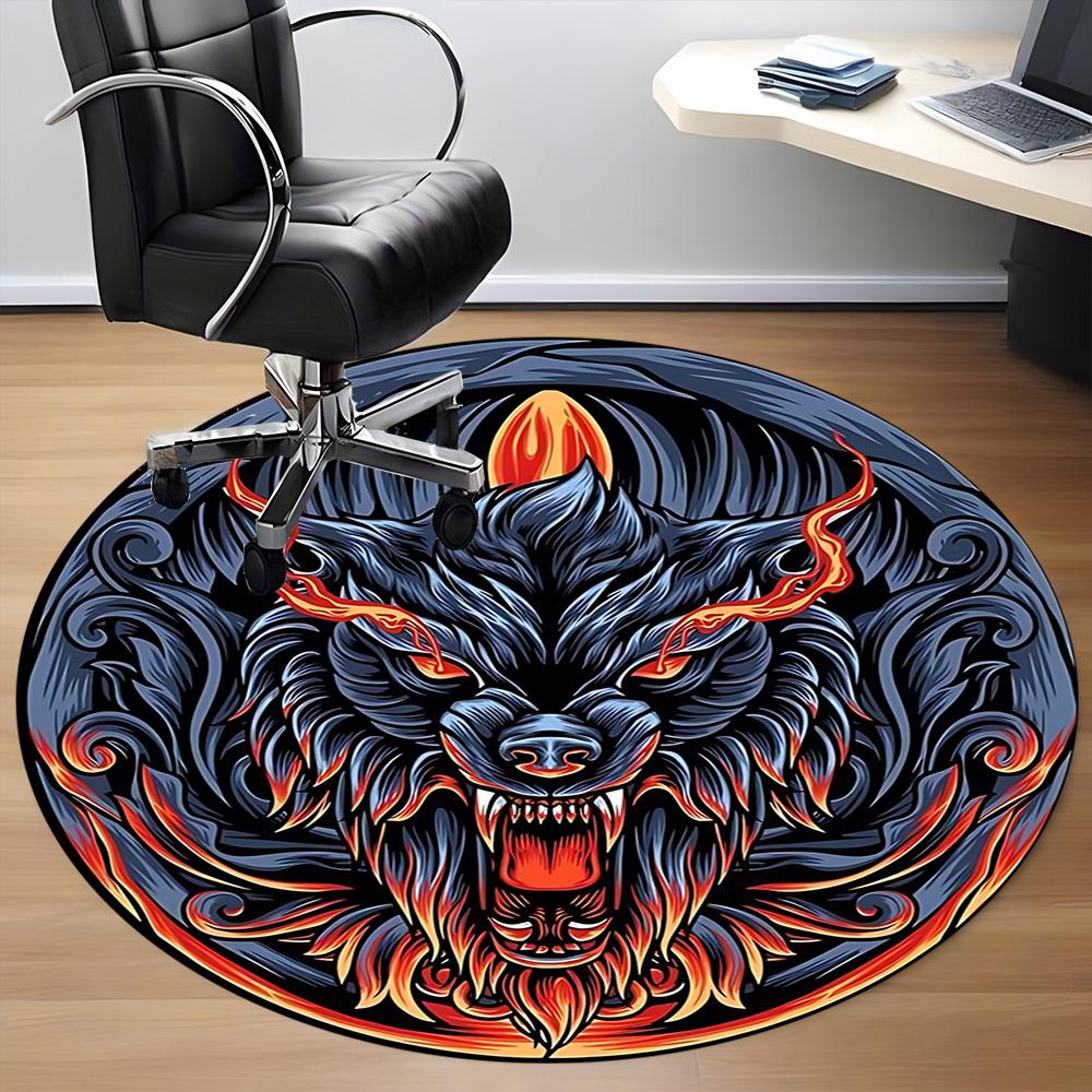 1 Stück Wolfskopf Design Stuhlteppich für Büro, Runder Rutschfester Langlebiger Großer Büroteppich, Geeignet für Büro