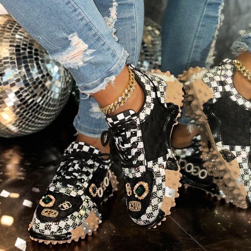 2025 Autumn Women Casual Sneakers Luxury Designers Rhinestone Diamond Thick Bottoms Shoes Female Tennis Trainers Walking Shoes